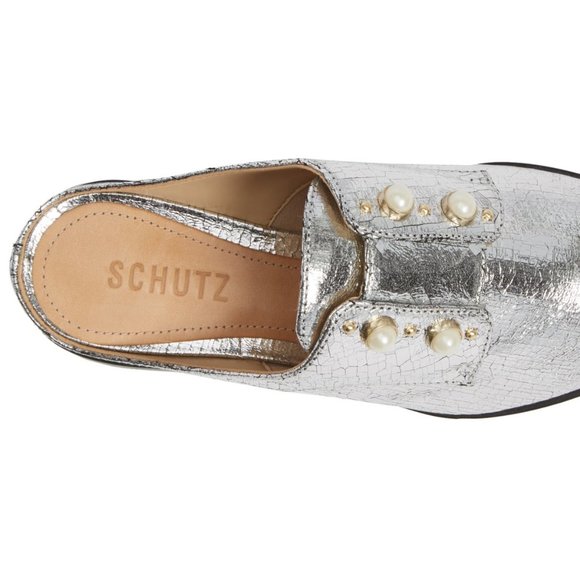 Schutz NEW Pearl Stud ALL- Leather Mules Clogs Slip-On Shoes SILVER Women's🎉HP - Picture 6 of 14